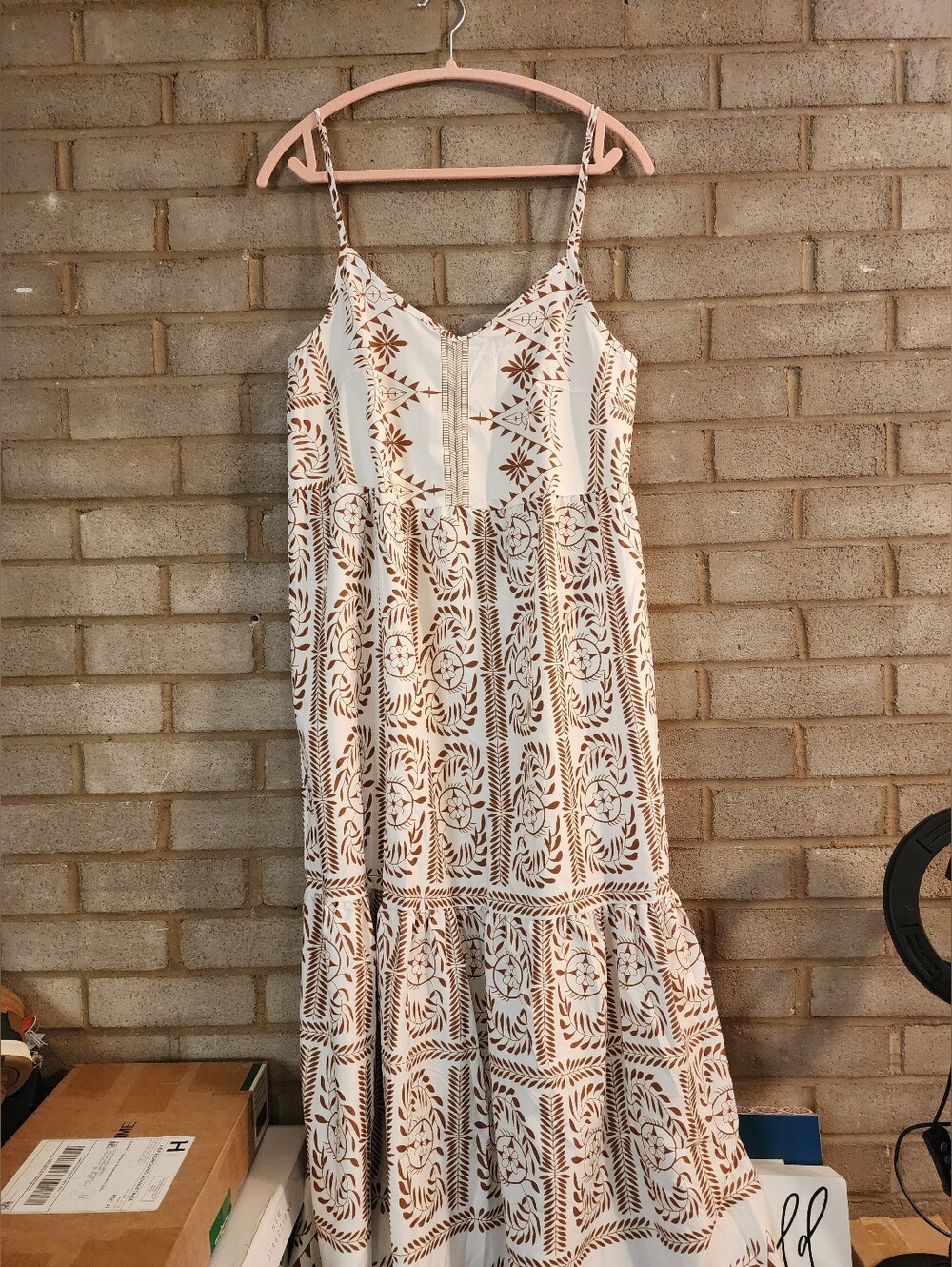 Sasin Boho Tiered Spaghetti-Strap Maxi Dress in Cream and Brown
